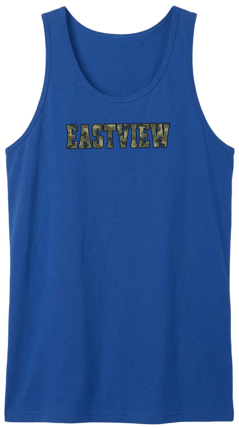 A blue tank top with the word "EASTVIEW" printed on it in a camouflage pattern.