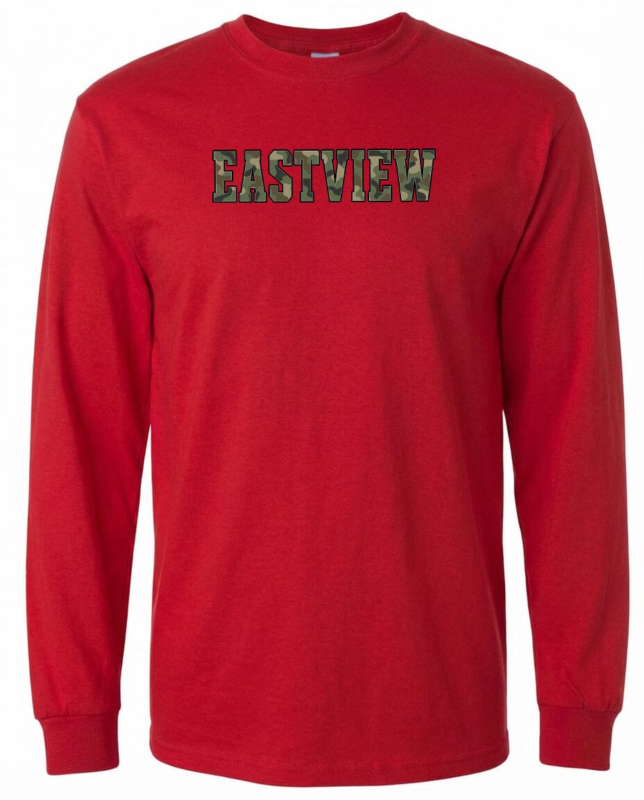 A red long-sleeved t-shirt with the word "EASTVIEW" printed on it in a stylized font.