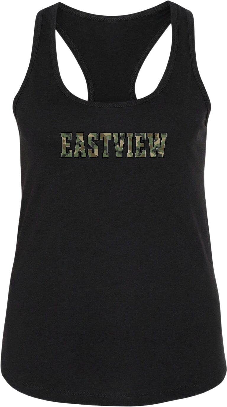 A black tank top with the word "EASTVIEW" printed on it in a camouflage pattern.