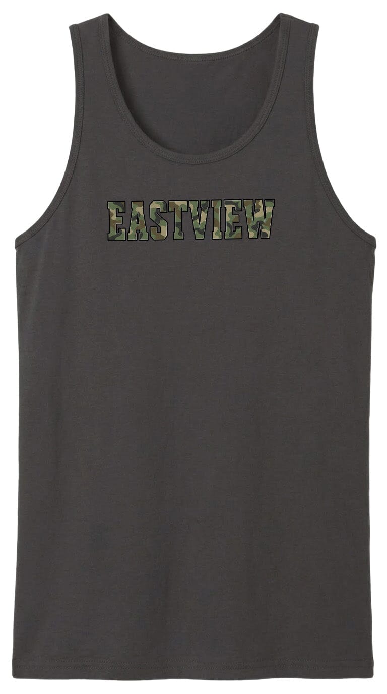 A gray tank top with the word "EASTVIEW" printed on it in a camouflage pattern.