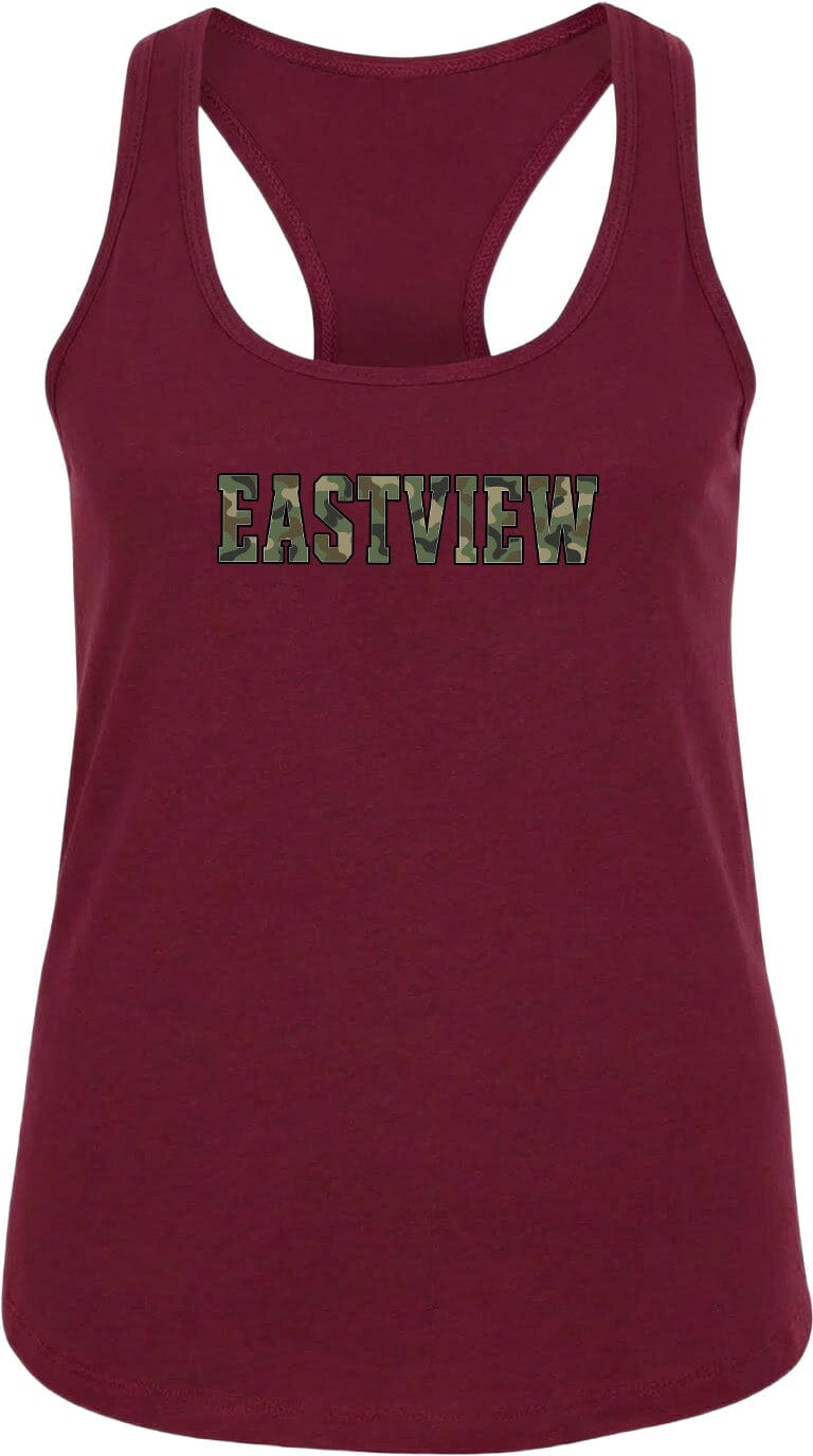 A burgundy tank top with the word "EASTVIEW" printed on it in a camouflage pattern.