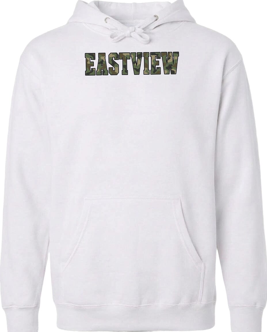 A white hoodie with the word "EASTVIEW" printed on it in a camouflage pattern.