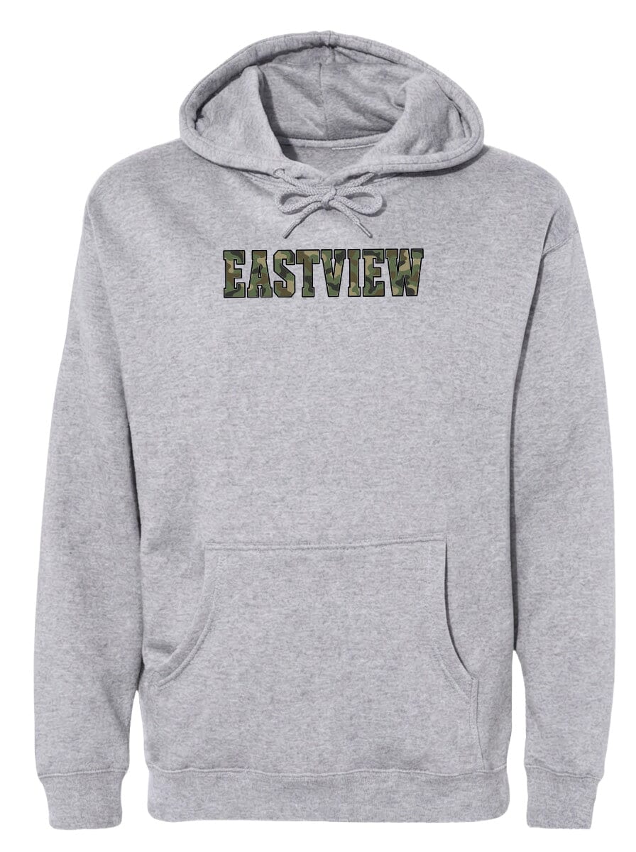 A gray hooded sweatshirt with the word "EASTVIEW" printed on it in a camouflage pattern.