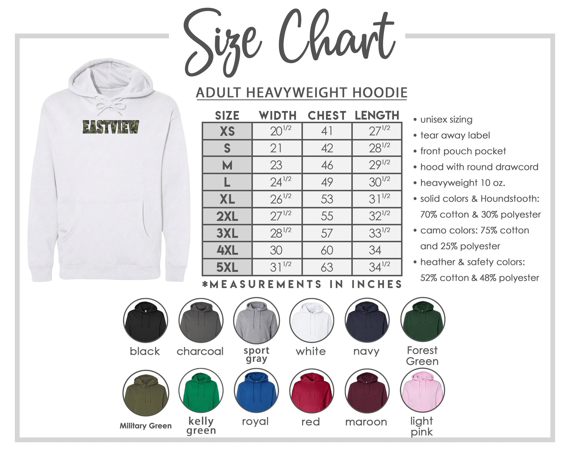The image is a size chart for an adult heavyweight hoodie, including various color options and measurements in inches.