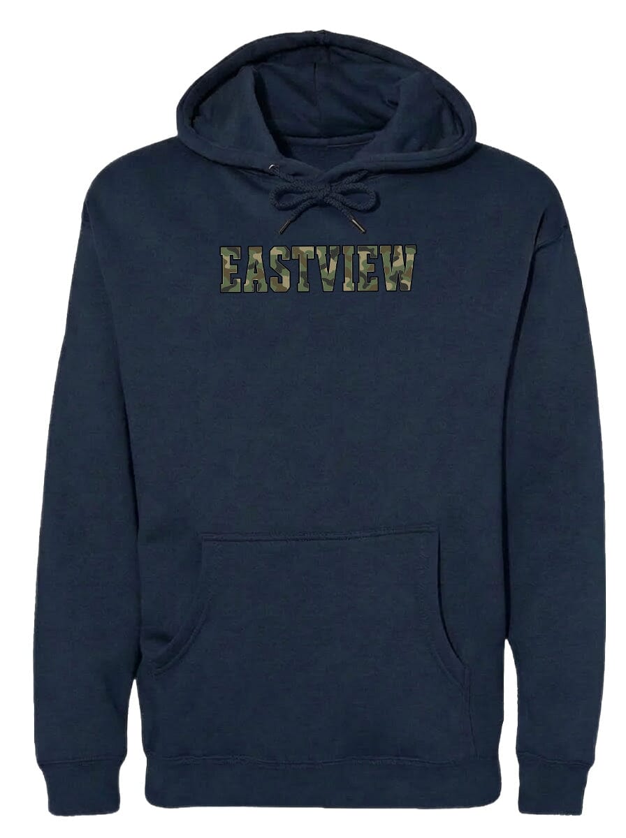 A navy blue hooded sweatshirt with the word "EASTVIEW" printed on it in a camouflage pattern.