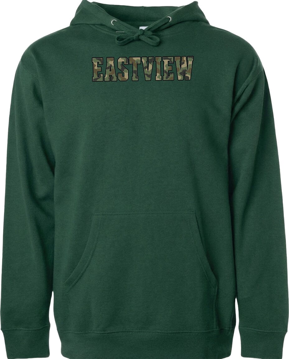 A green hoodie with the word "EASTVIEW" printed on it.