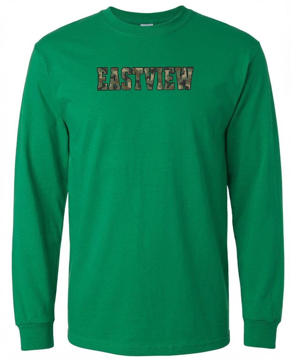 A long-sleeved green t-shirt with the word "EASTVIEW" printed on it in a camouflage pattern.