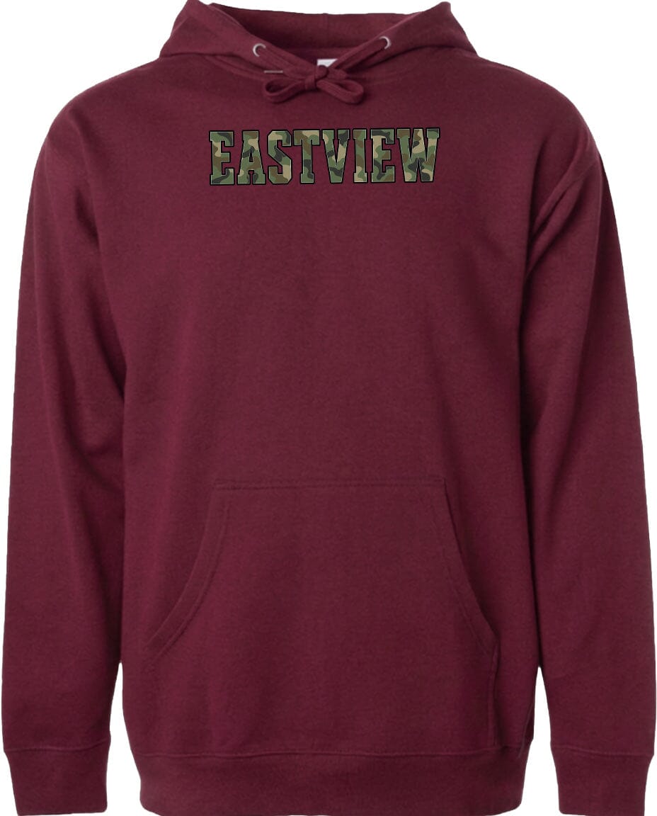 A burgundy-colored hoodie with the word "EASTVIEW" printed on it in a camouflage pattern.