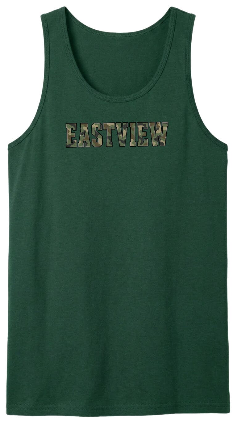 A green tank top with the word "EASTVIEW" printed on it in a camouflage pattern.
