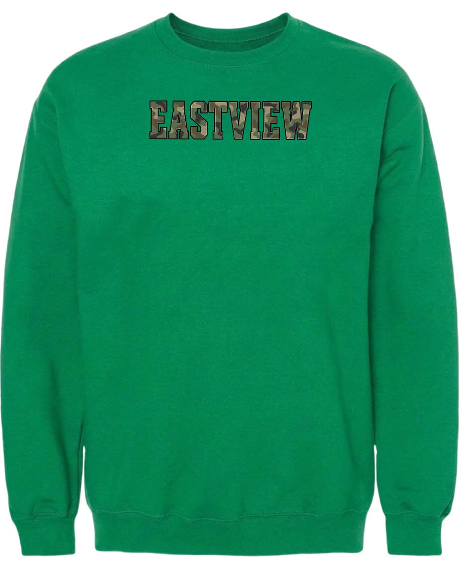 A bright green sweatshirt with the word "EASTVIEW" printed on it in a stylized font.