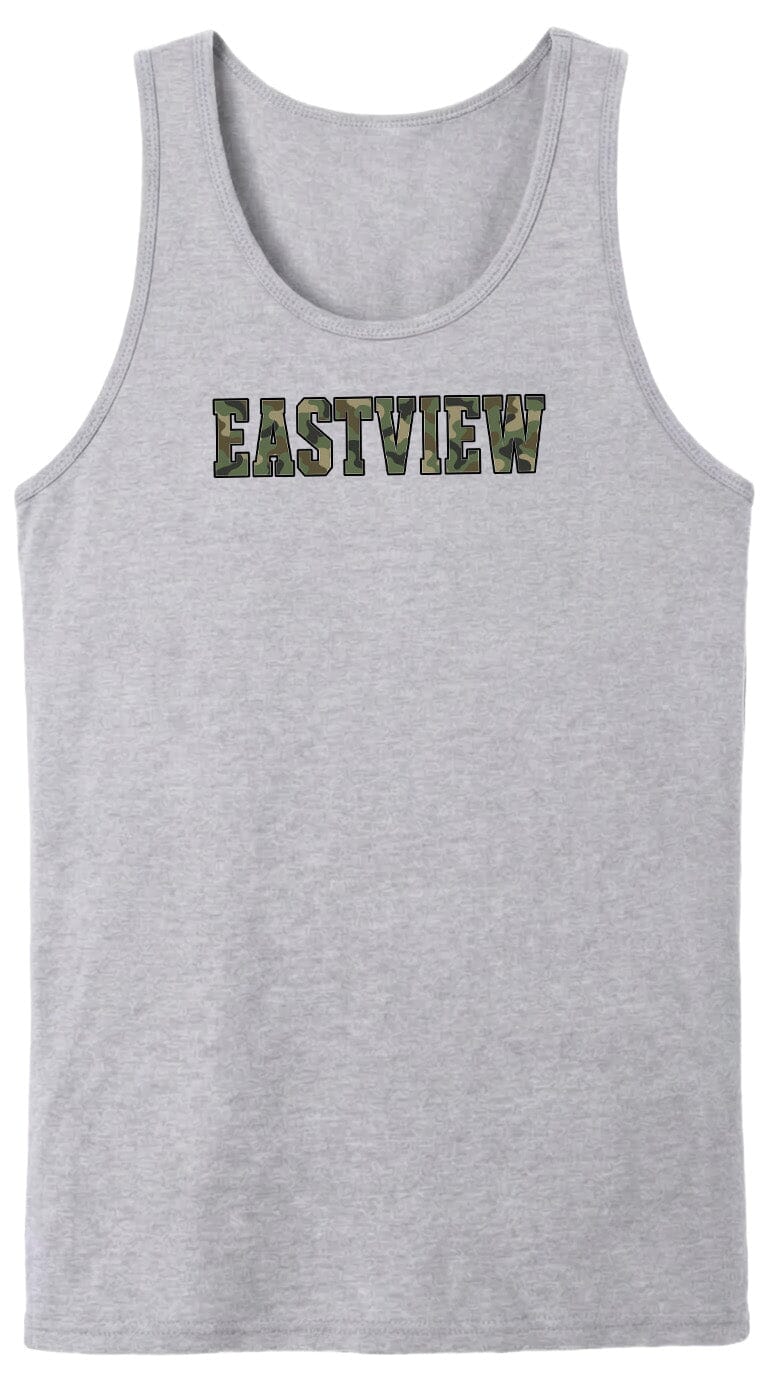A gray tank top with the word "EASTVIEW" printed on it in a camouflage pattern.