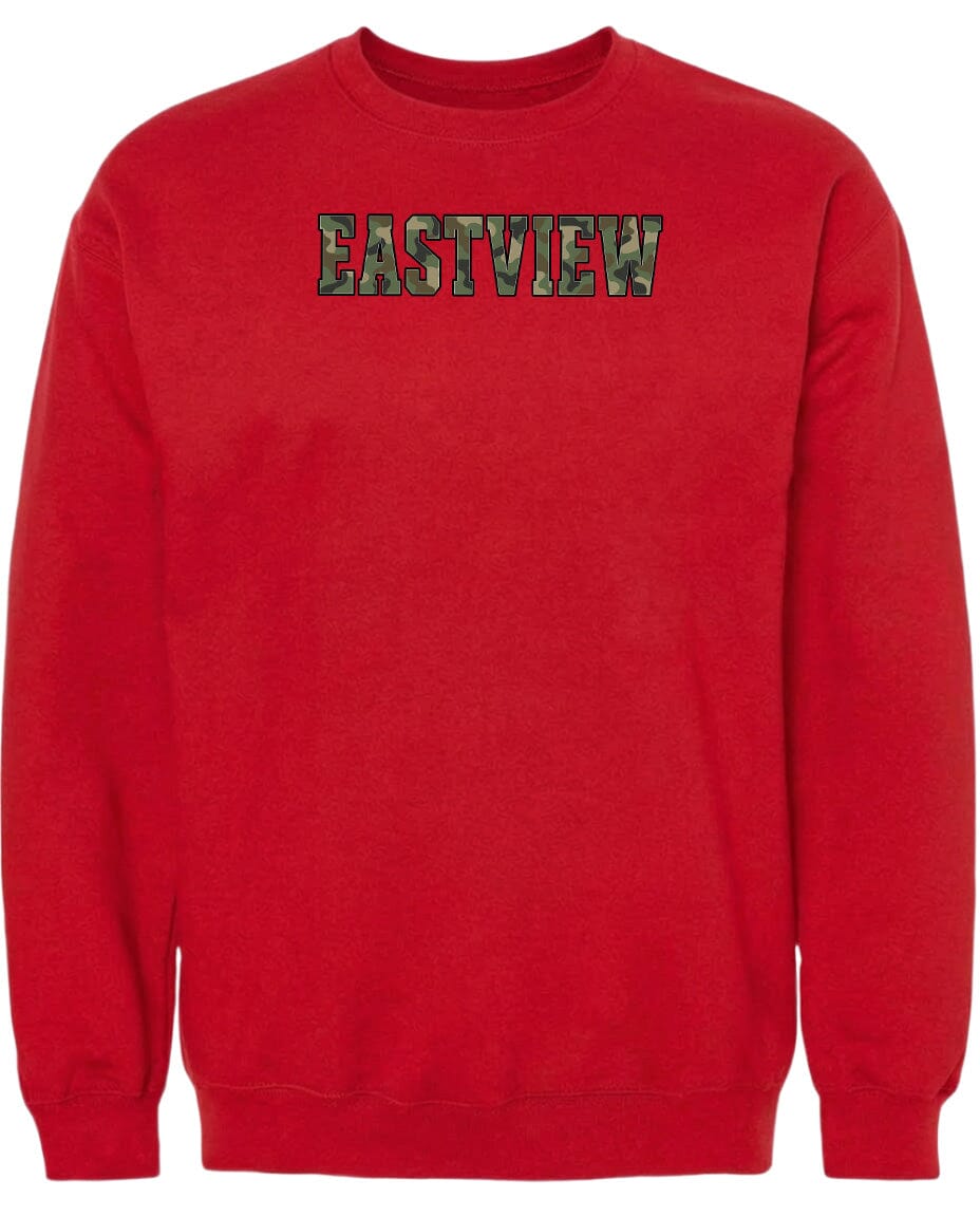A red sweatshirt with the word "EASTVIEW" printed on it in a stylized font.
