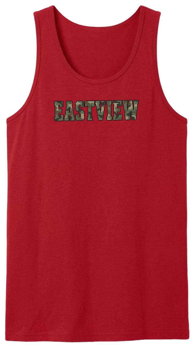 A red tank top with the word "EASTVIEW" printed on it in a camouflage pattern.