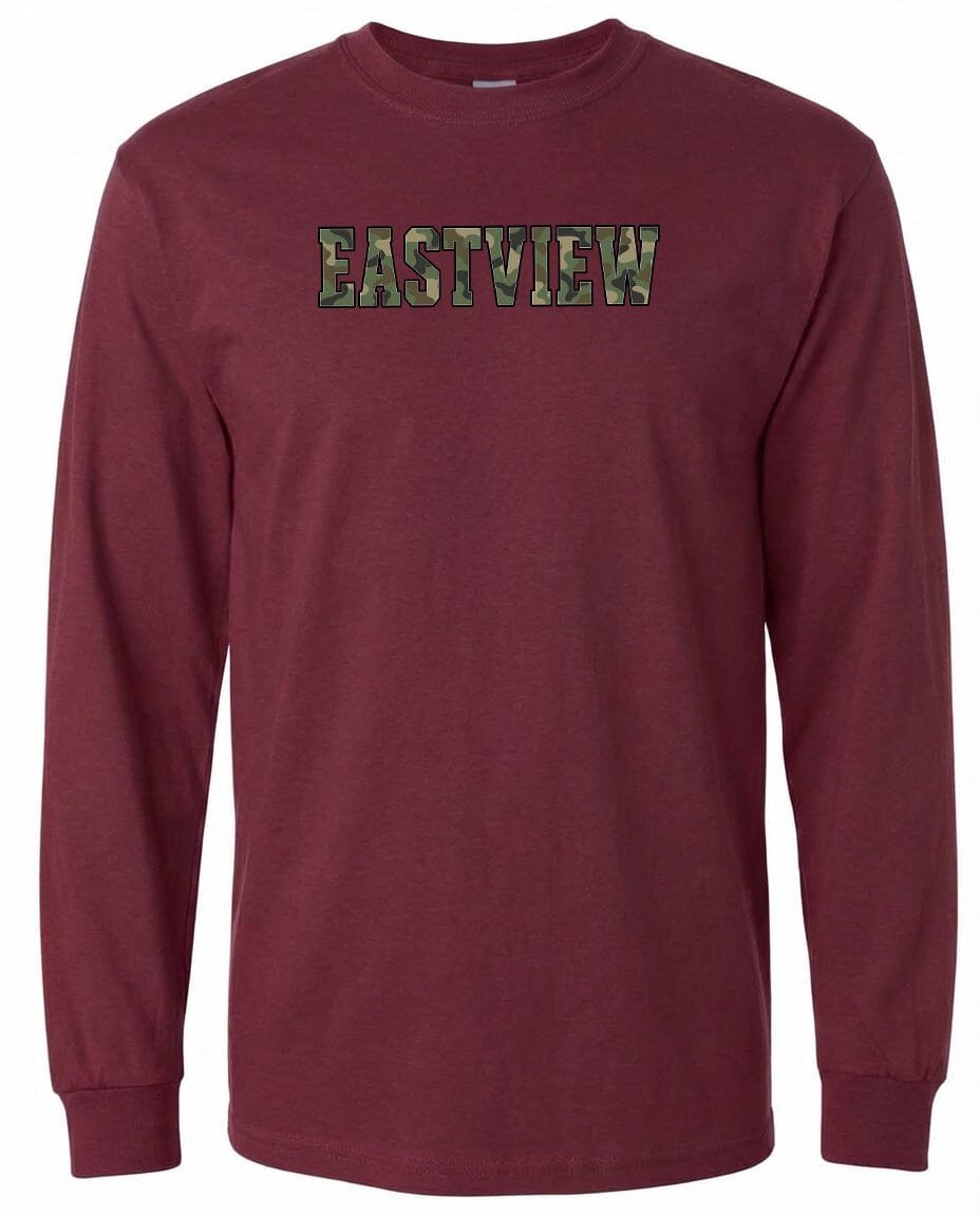 A burgundy long-sleeved t-shirt with the word "EASTVIEW" printed on it in a camouflage pattern.