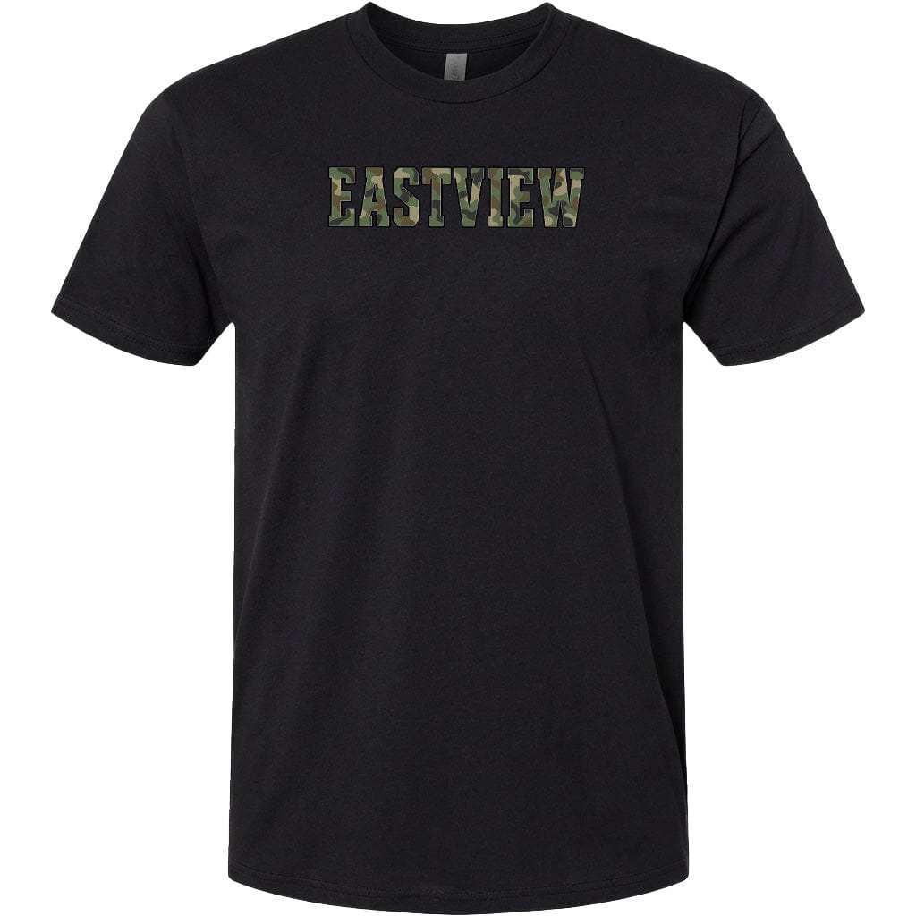 A black t-shirt with the word "EASTVIEW" printed on it in a camouflage pattern.