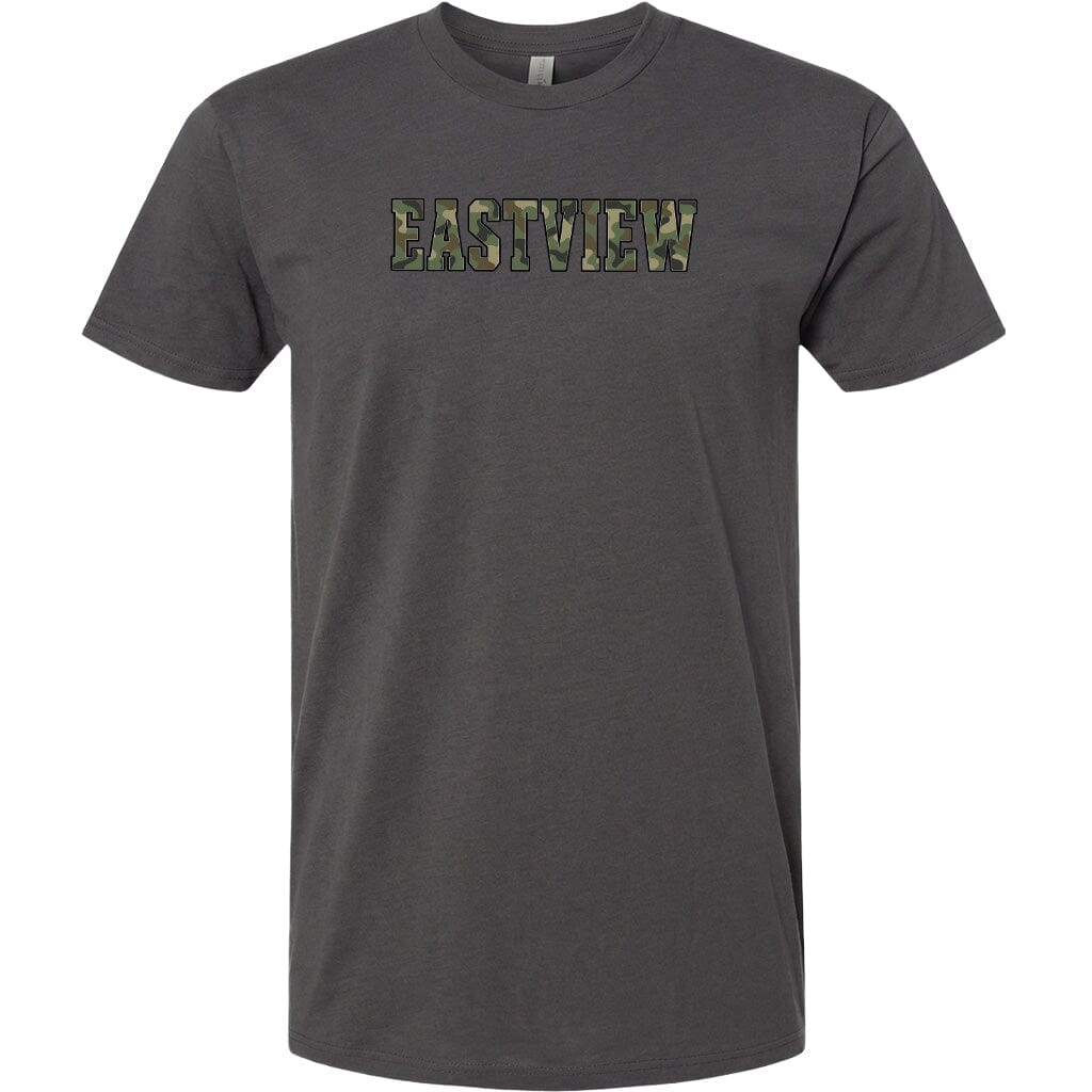 A gray t-shirt with the word "EASTVIEW" printed on it in a camouflage pattern.