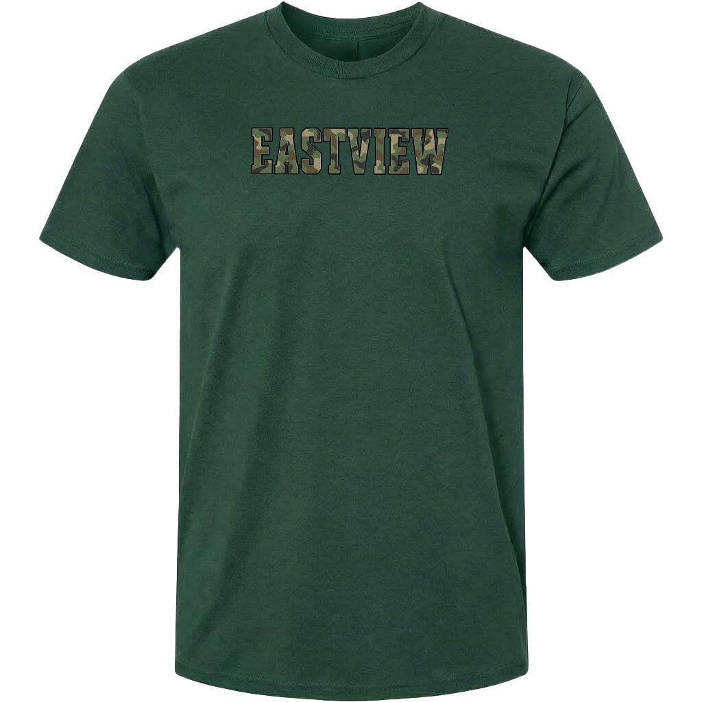 A dark green t-shirt with the word "EASTVIEW" printed on it in a camouflage pattern.