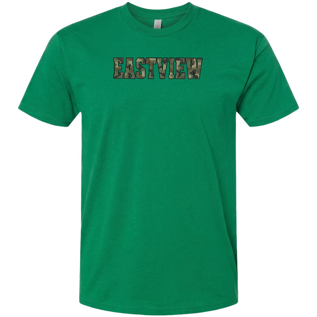 A green t-shirt with the word "EASTVIEW" printed on it.