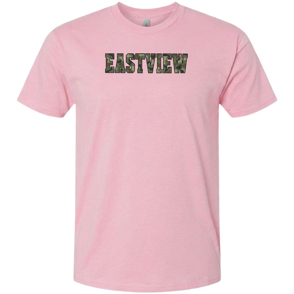 A pink t-shirt with the word "EASTVIEW" printed on it in a stylized font.