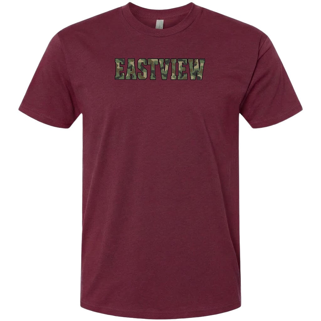 A burgundy-colored t-shirt with the word "EASTVIEW" printed on it in a camouflage pattern.