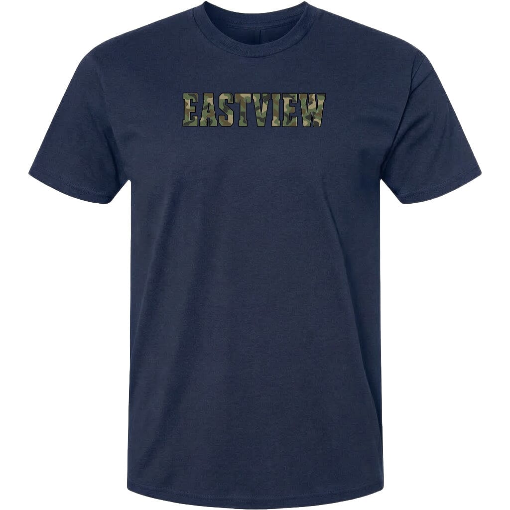 A navy blue t-shirt with the word "EASTVIEW" printed on it in a camouflage pattern.