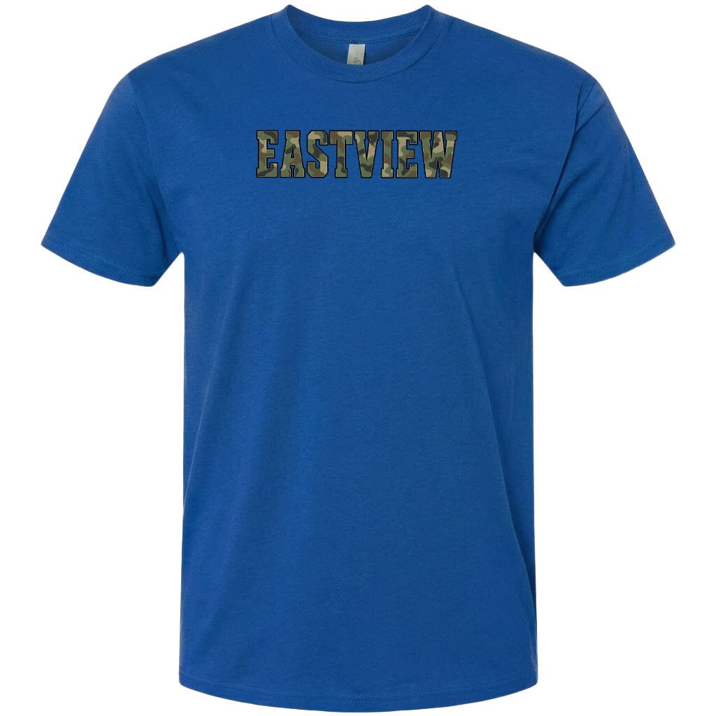A blue t-shirt with the word "EASTVIEW" printed on it in a camouflage pattern.