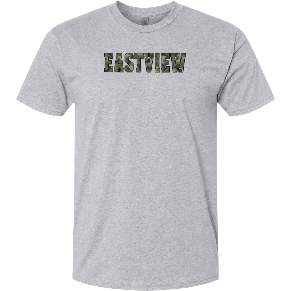 A gray t-shirt with the word "EASTVIEW" printed on it in a camouflage pattern.