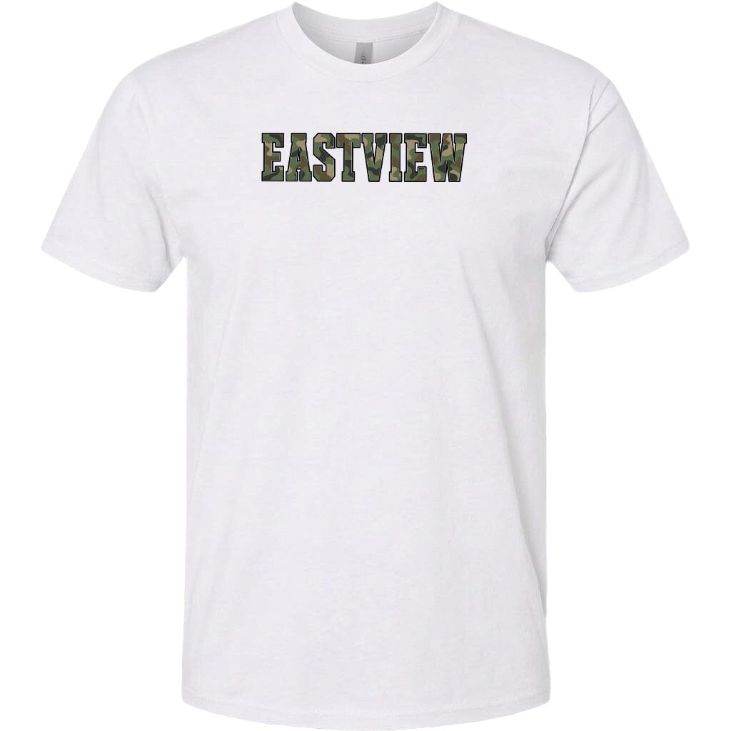 A white t-shirt with the word "EASTVIEW" printed on it in a stylized font.