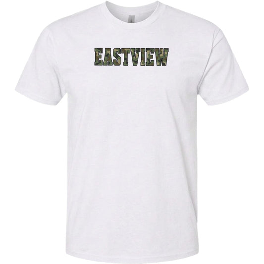 A white t-shirt with the word "EASTVIEW" printed on it in a stylized font.