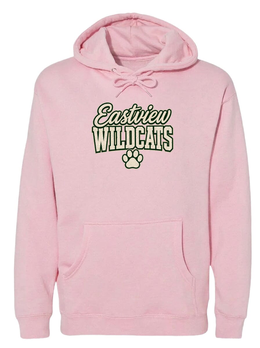 A pink hoodie with the text "Eastview Wildcats" printed on it.