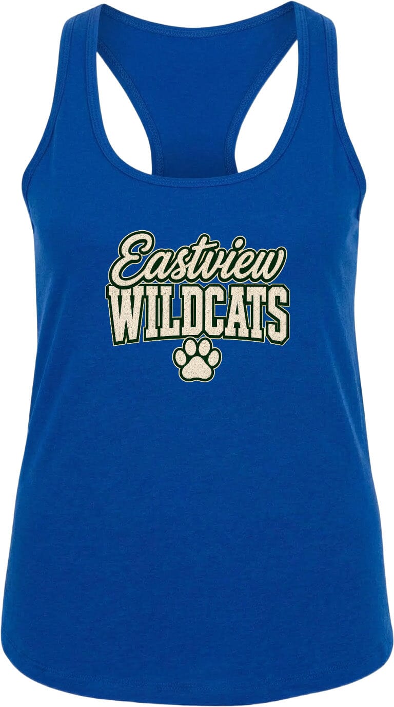 A blue tank top with the text "Eastview Wildcats" printed on it.