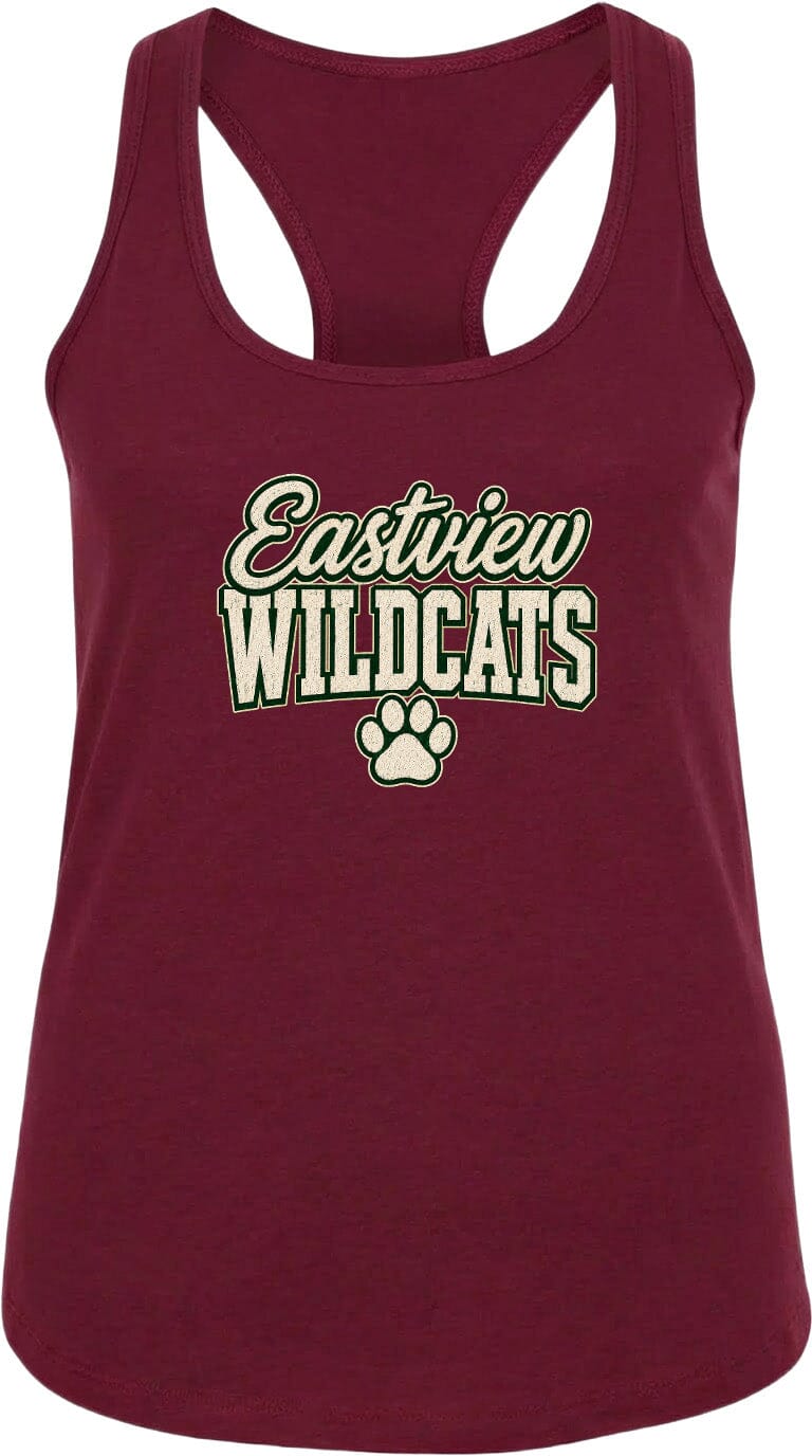A burgundy-colored tank top with the text "Eastview Wildcats" printed on it.