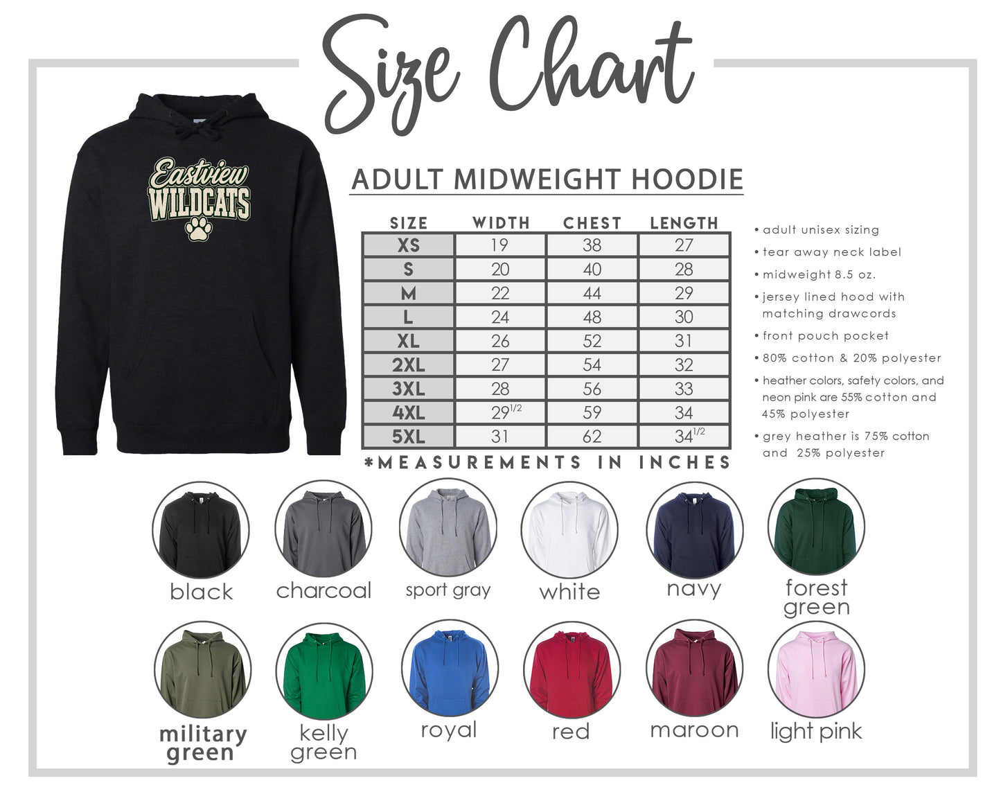 The image is a size chart for an adult midweight hoodie, including various color options and corresponding measurements in inches.