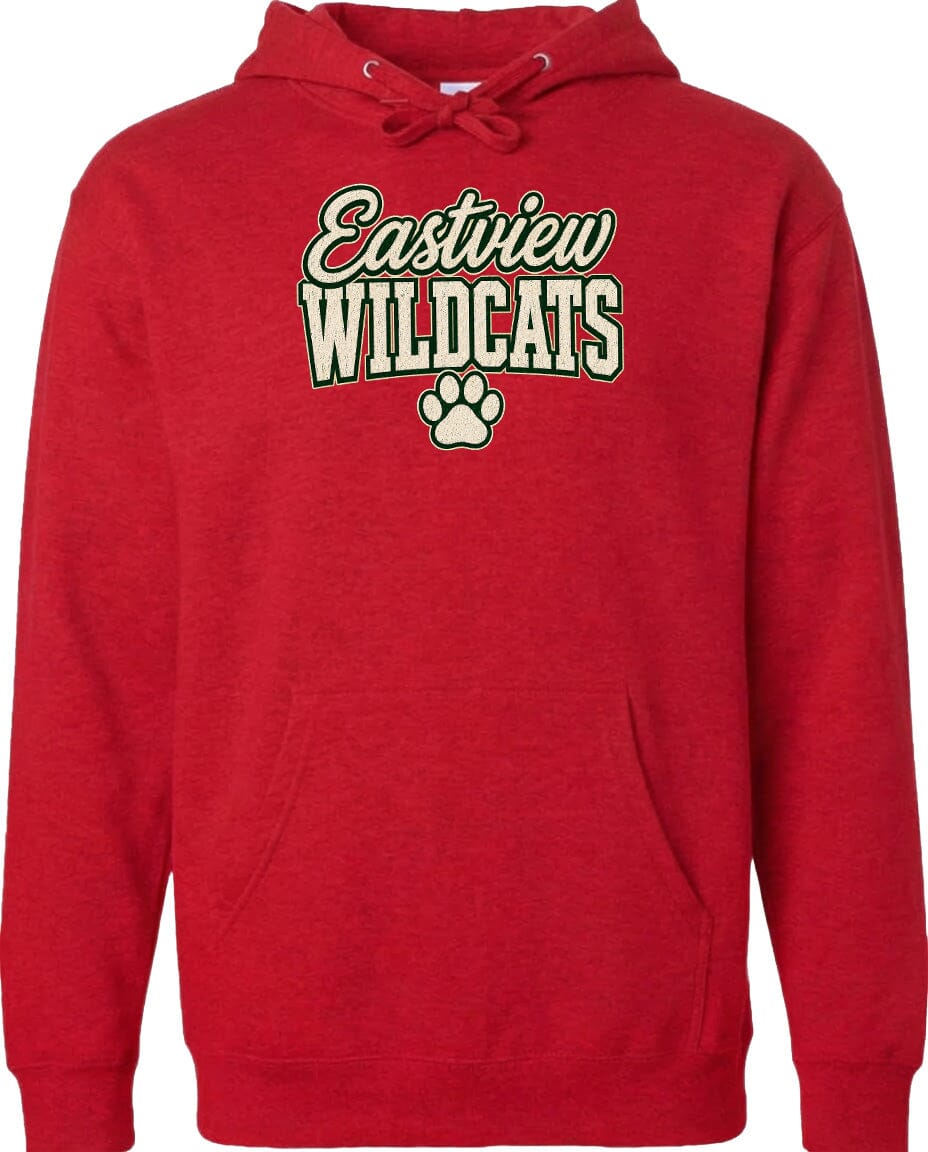 A red hoodie with the text "Eastview Wildcats" printed on it.