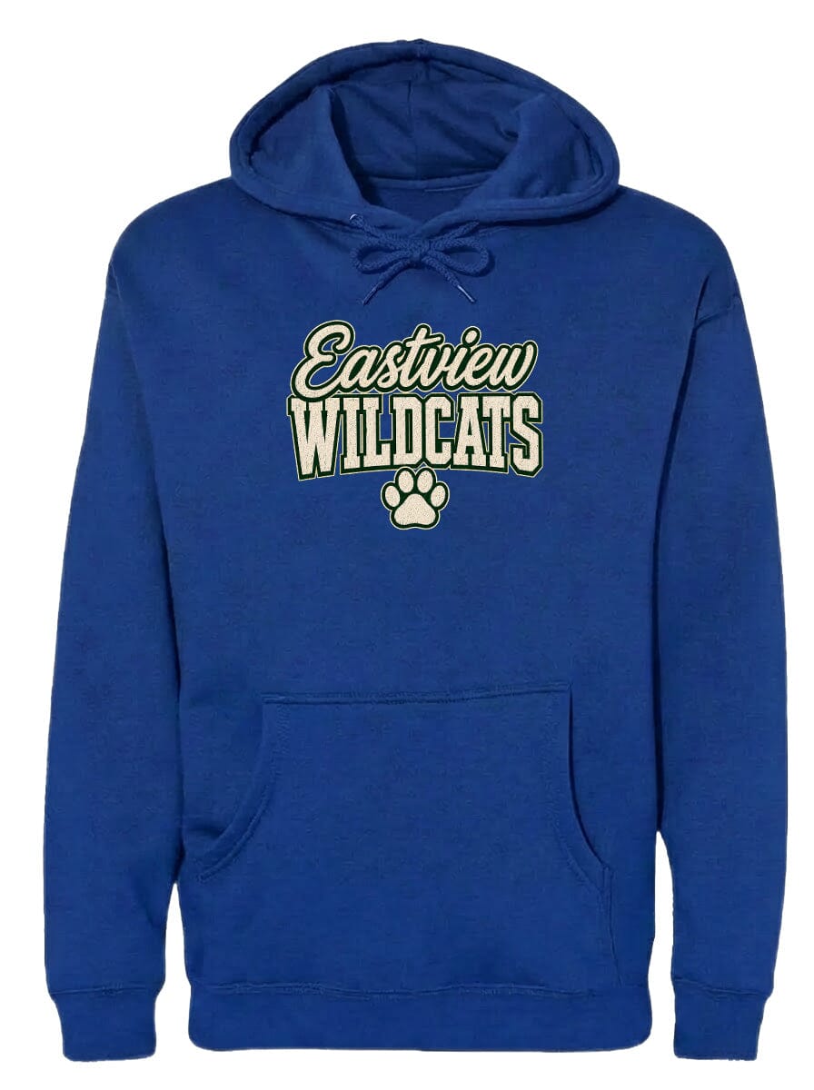 A blue hoodie with the text "Eastview Wildcats" printed on it.