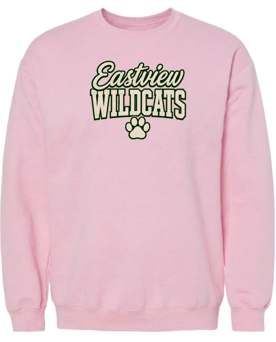 A pink sweatshirt with the text "Eastview Wildcats" printed on it.