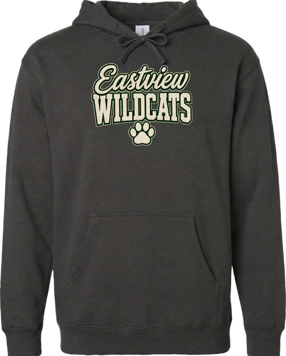 A black hoodie with a graphic design featuring the text "Eastview Wildcats" and a paw print.