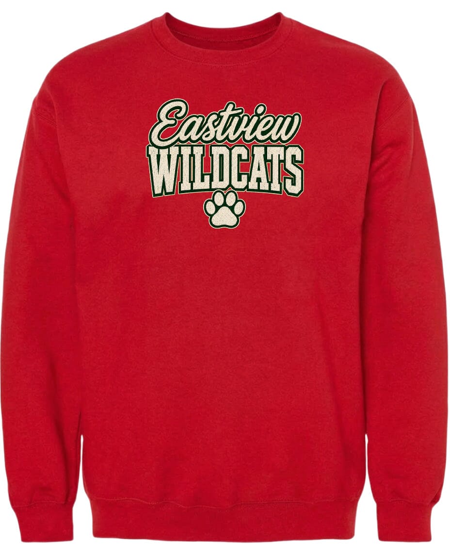 A red sweatshirt with the text "Eastview Wildcats" printed on it.