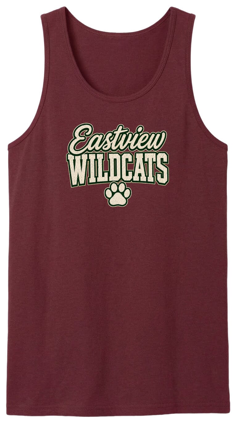 A burgundy-colored tank top with the text "Eastview Wildcats" printed on it.