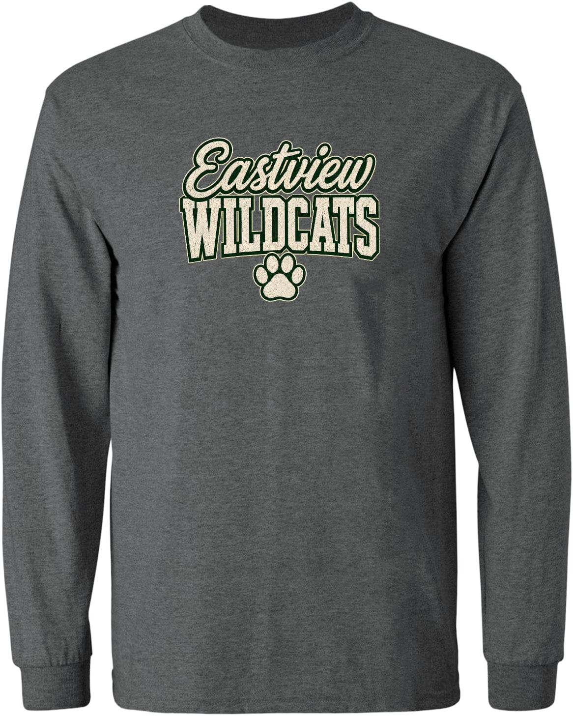 A gray long-sleeved t-shirt with the text "Eastview Wildcats" printed on it.