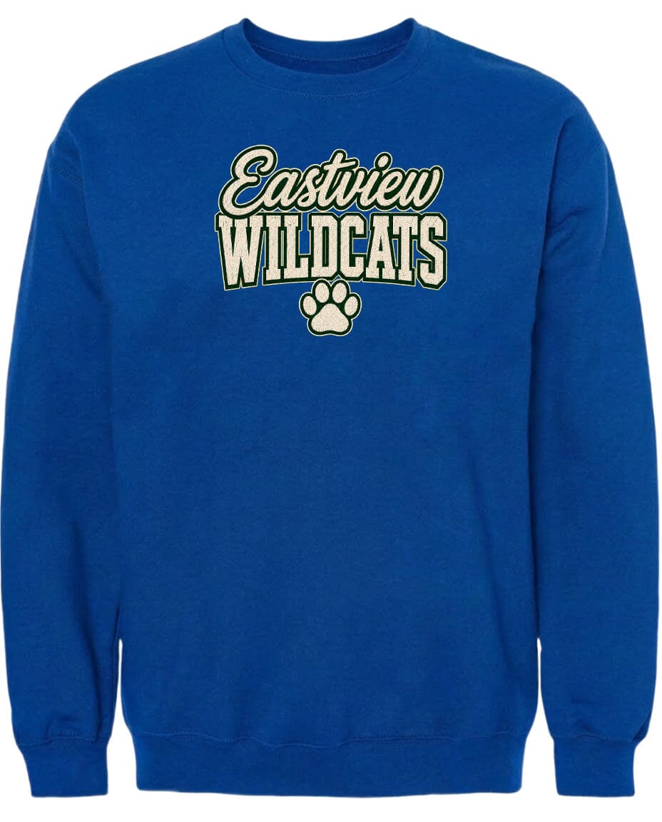 A blue sweatshirt with the text "Eastview Wildcats" printed on it.
