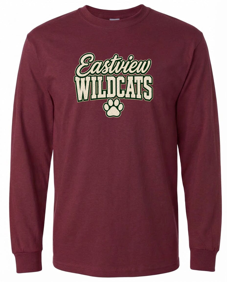A burgundy long-sleeved t-shirt with the text "Eastview Wildcats" printed on it.