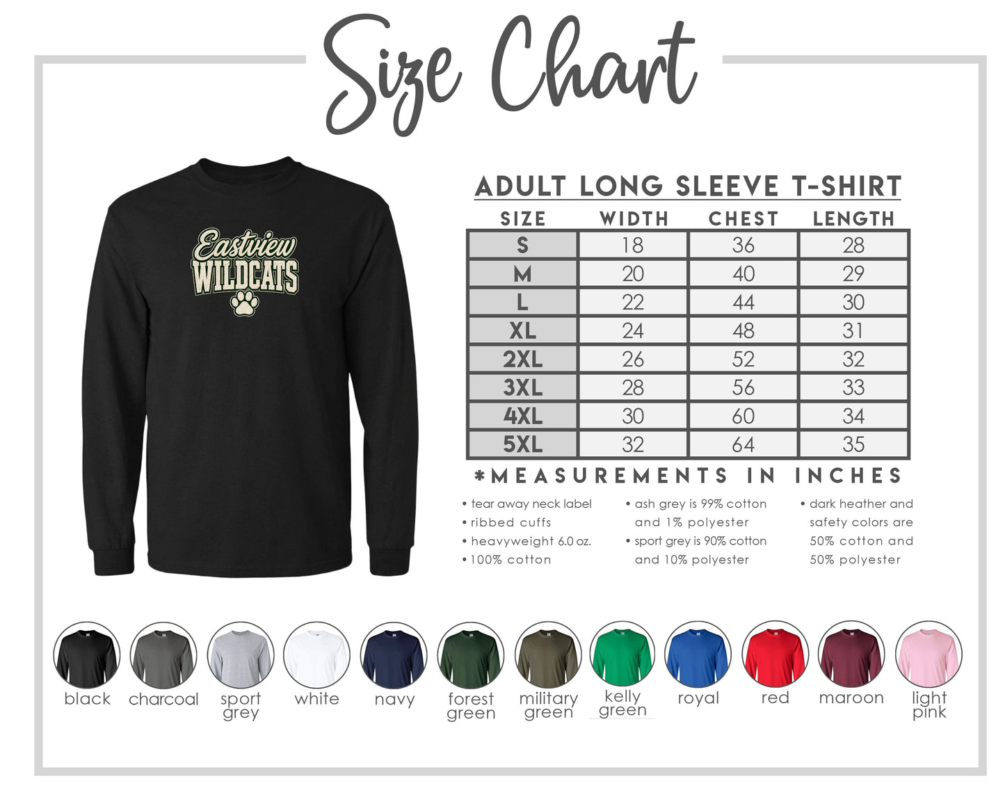 The image is a size chart for an adult long sleeve t-shirt, displaying the measurements and corresponding colors for different sizes.