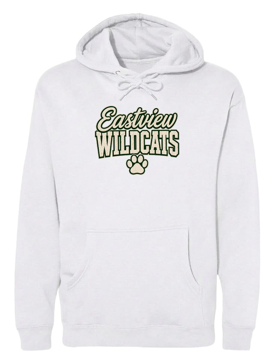 A white hoodie with the text "Eastview Wildcats" printed on it.