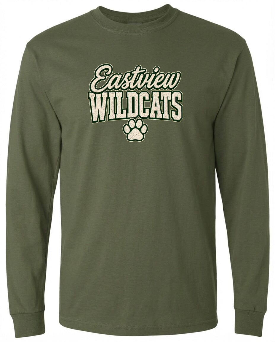 A long-sleeved olive green t-shirt with the text "Eastview Wildcats" printed on it.