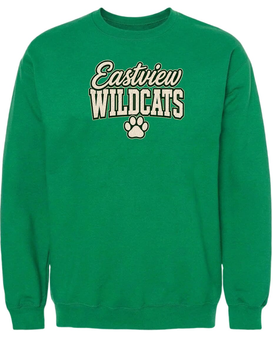 A bright green sweatshirt with the text "Eastview Wildcats" printed on it.