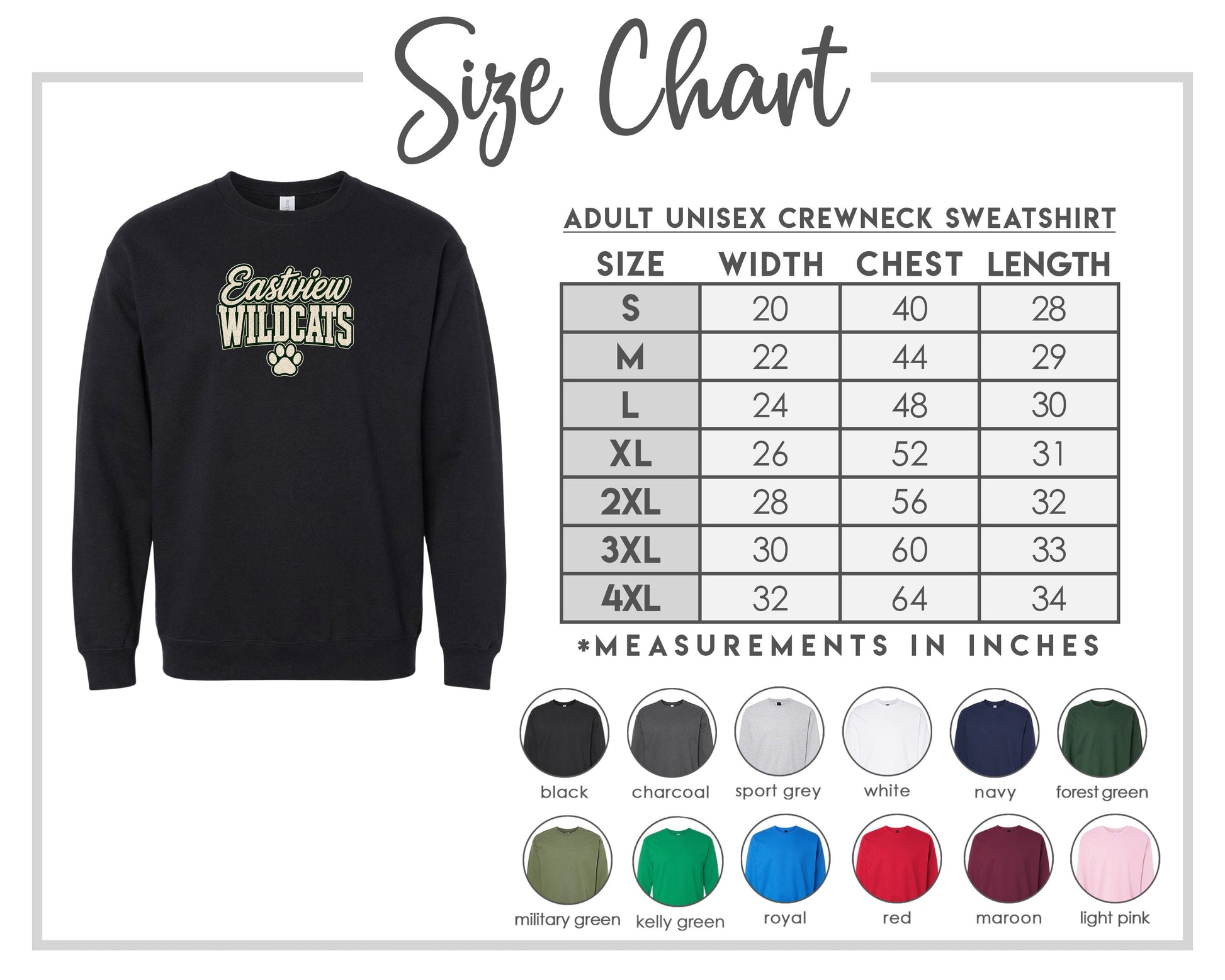 The image is a size chart for an adult unisex crew neck sweatshirt. It includes a black sweatshirt with the Eastview Wildcats logo and a table with size measurements for different chest and waist sizes.