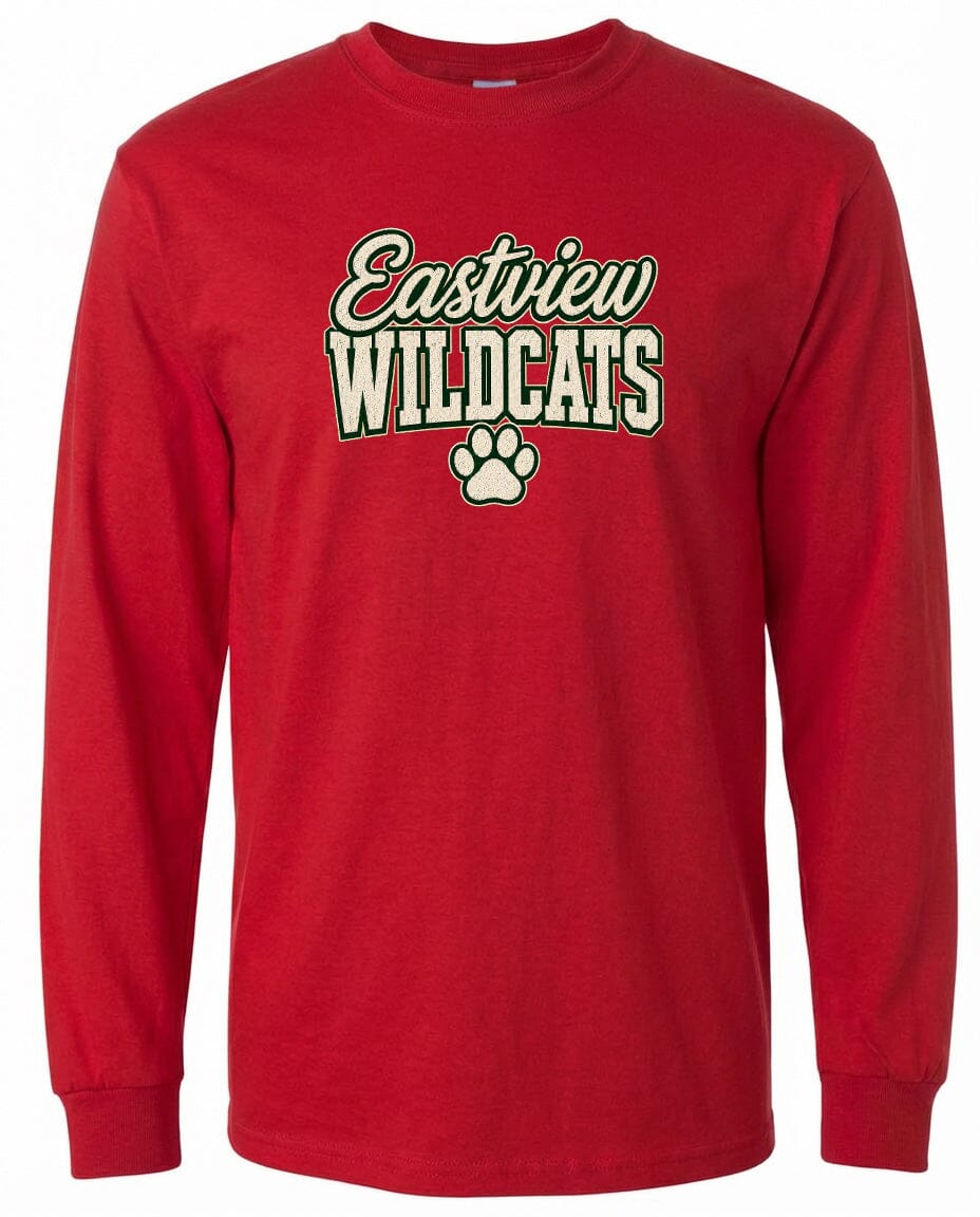 A red long-sleeved t-shirt with the text "Eastview Wildcats" printed on it.