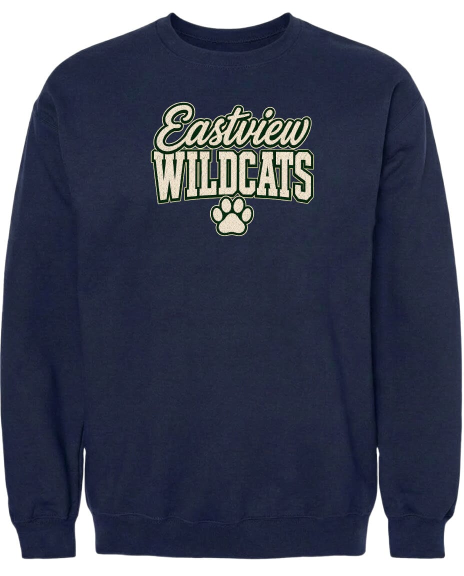 A navy blue sweatshirt with the text "Eastview Wildcats" printed on it.