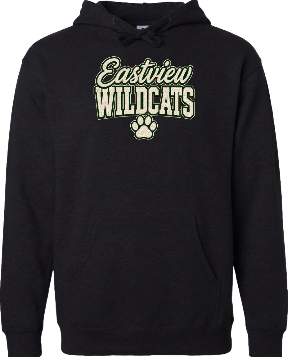A black hoodie with the text "Eastview Wildcats" printed on it.